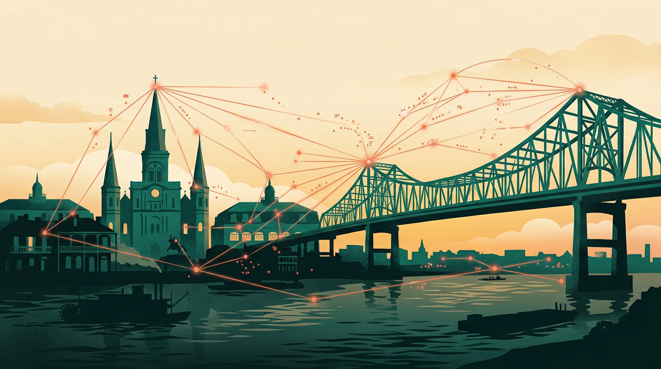 Stylized New Orleans skyline with AI neural network connections