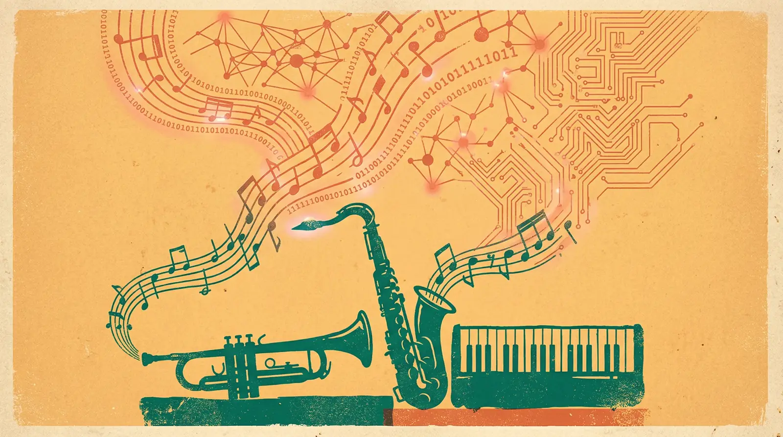Brass instruments evoking the New Orleans jazz tradition