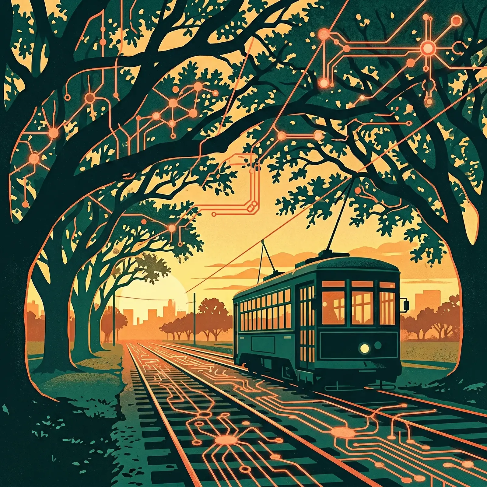 St. Charles Avenue streetcar passing under live oaks in New Orleans